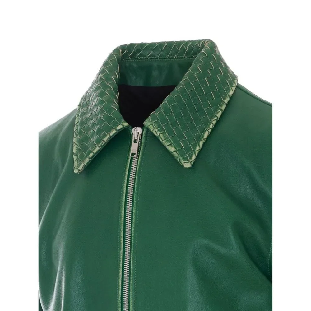 Bottega Veneta Men Leather Jacket With Intrecciato Collar